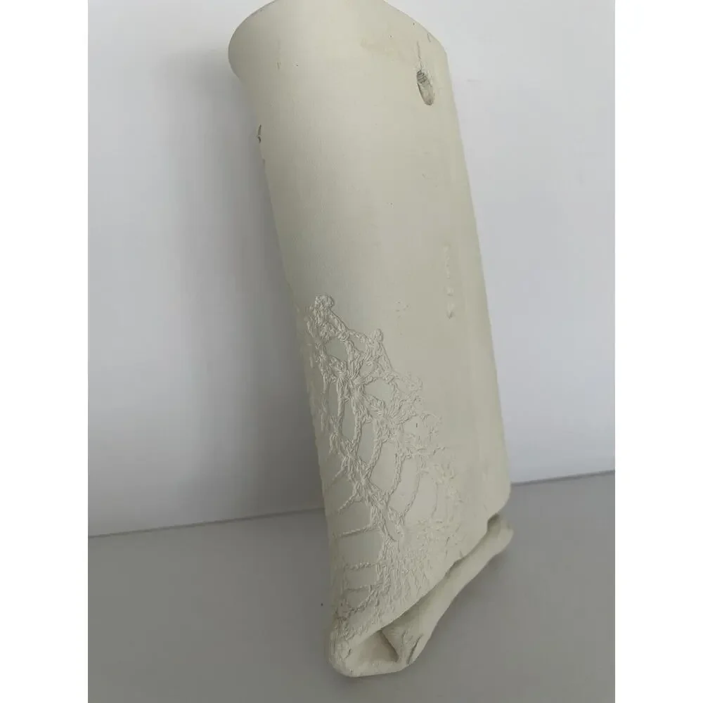 Burk’ Art Signed Floral Pottery Wall Hanging Pocket Lace Doily Stuio Pattery